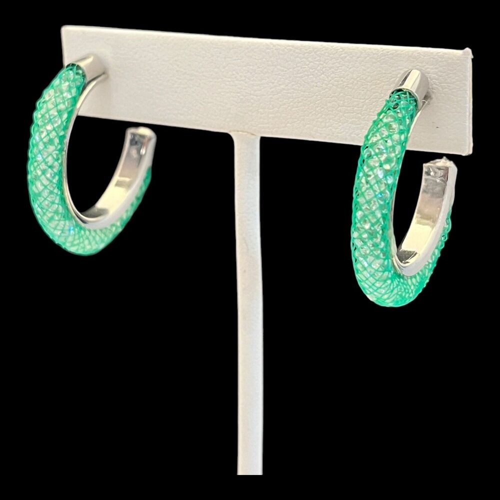 New Hoop Earrings Silver Tone Green Mesh Crystal Dust - 13H